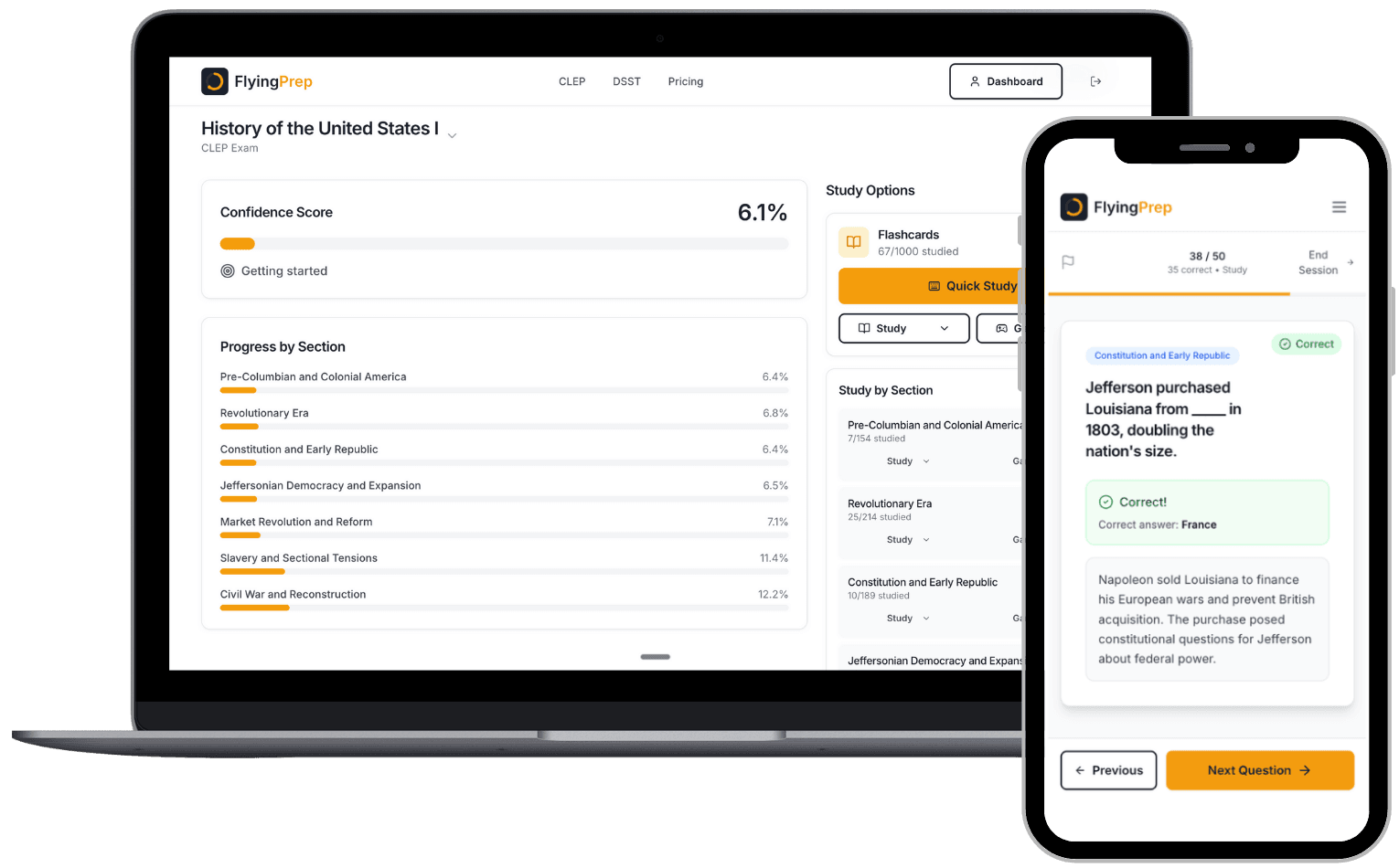FlyingPrep CLEP exam study platform showing dashboard progress tracking on desktop and flashcard study mode on mobile